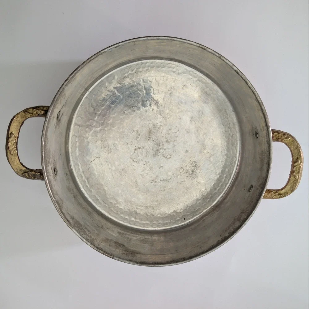 Vintage Vissmarta Hand Hammered Copper Pot Etched Floral Brass Handles Lid 9.5
